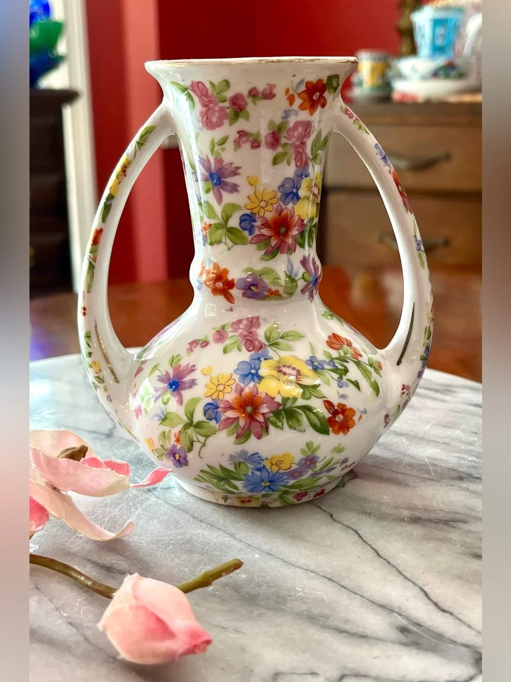 Vintage Gold Castle Japanese Chintz Floral Porcelain Vase Double Handle 5-1/8”